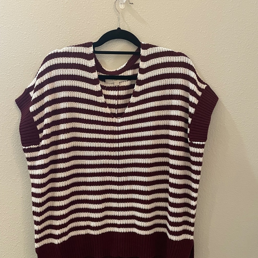 LOFT Burgundy/White Stripe Drop Shoulder Short Sleeve Sweater, Size Small, NWOT